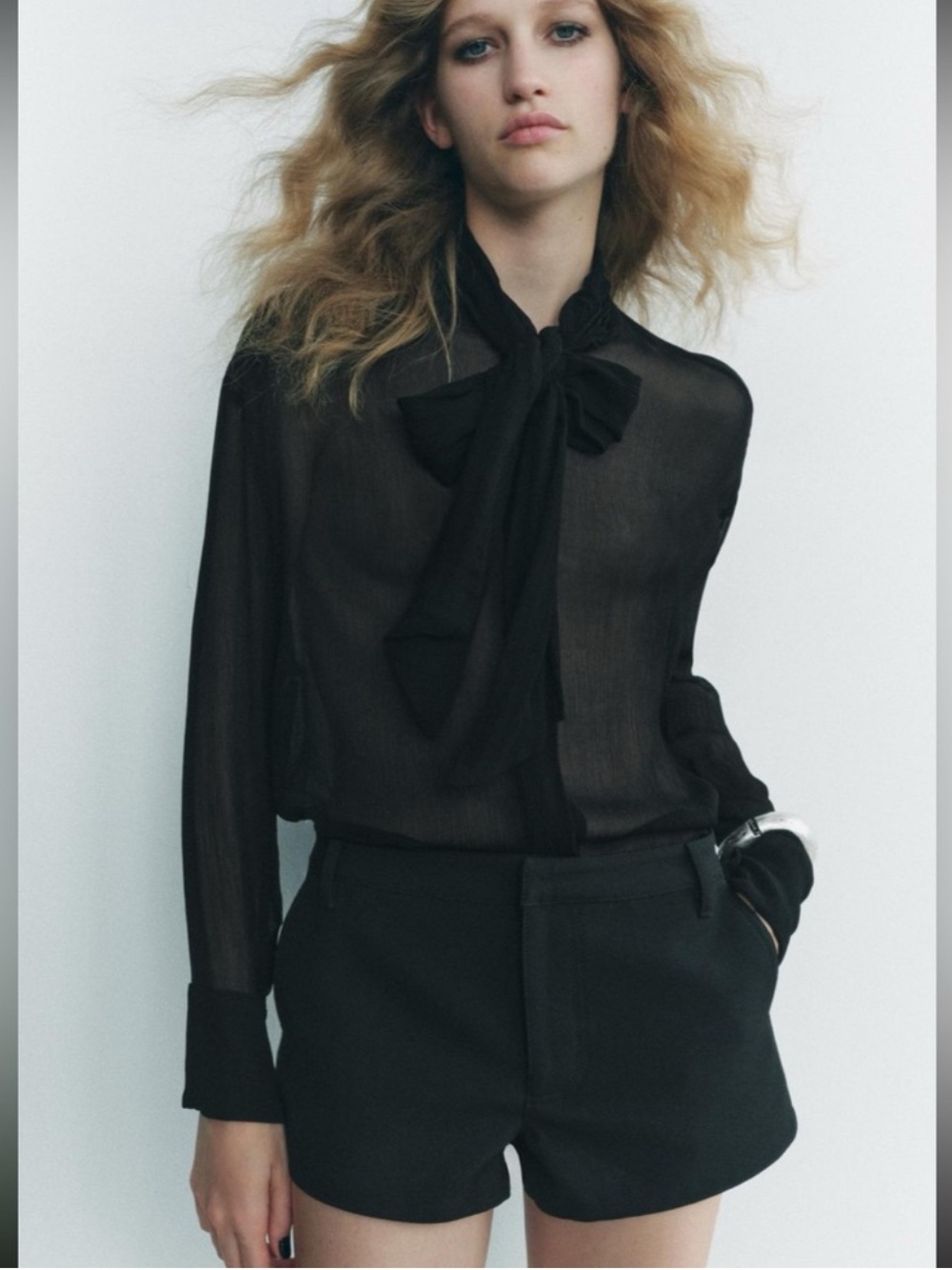 Zara Black Sheer Bow-Tie Blouse